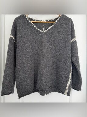 Johnny Was Whipstitch Cashmere Sweater Gray V Neck Minimalist Luxe Oversized